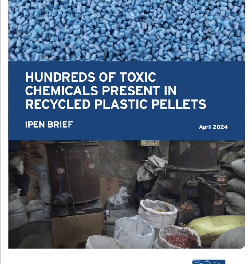 report cover: blue plastic pellets and photo of dirty recycling facility